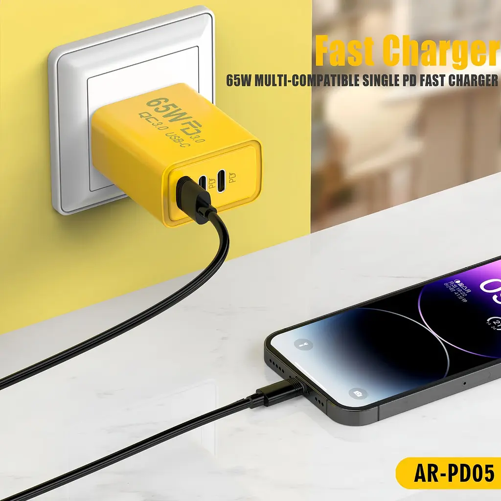 Адаптер для зарядки телефону AR-PD05, жовтий, 65W Fast Charger, з USB та 2 Type-C - фото 7