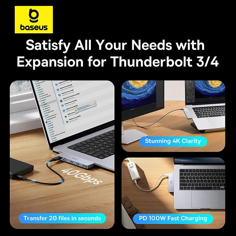 USB-Хаб Baseus UltraJoy Series 5-Port HUB Space Grey (USB-C*2 to USB-C 40Gbps*1+HDMI 4K@30Hz*1+USB3.0*3 (B00052801811-04) - фото 11