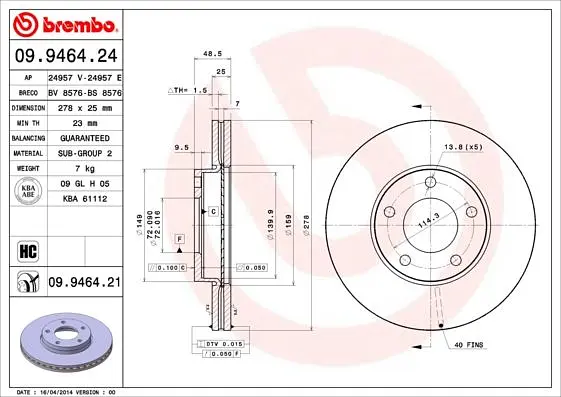 Диск гальмівний вентильований Mazda 3, 5 99-25р Brembo (09.9464.21) - фото 2