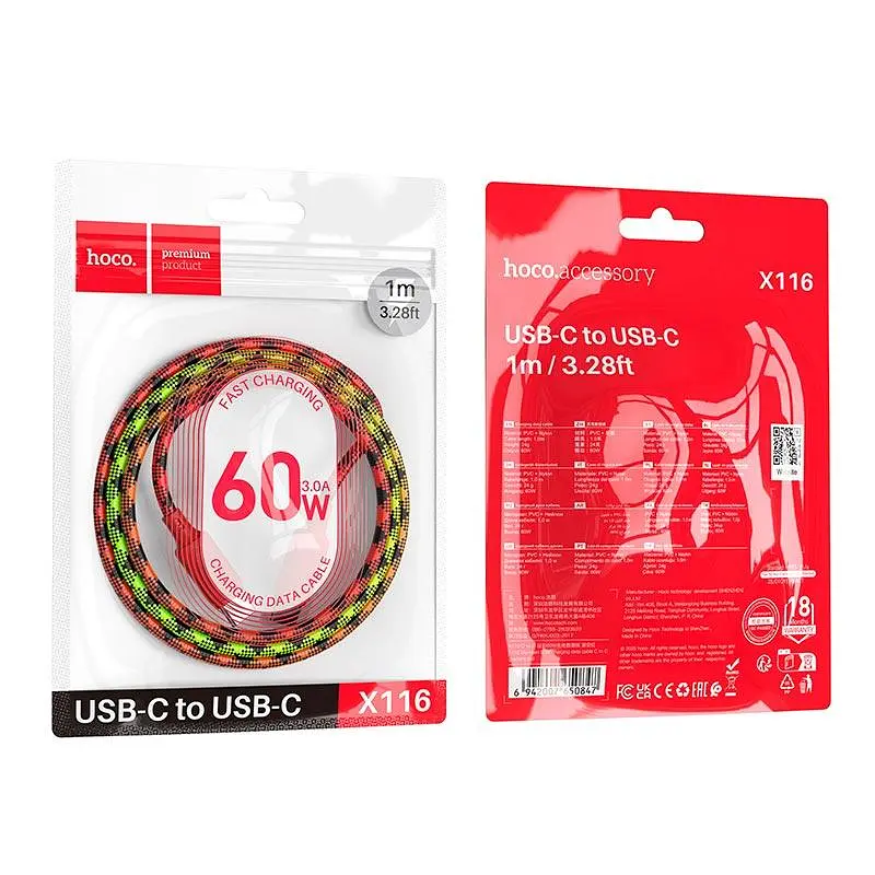 Кабель Hoco Type-C to Type-C Meridian charging data cable X116 1 м 60W/3A - фото 2