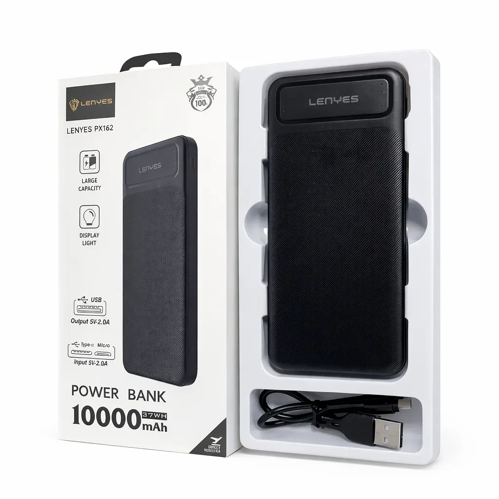 Зовнішній акумулятор PowerBank 10000 мА·год Lenyes PX162 компактний універсальний на 2 входи Чорний - фото 4