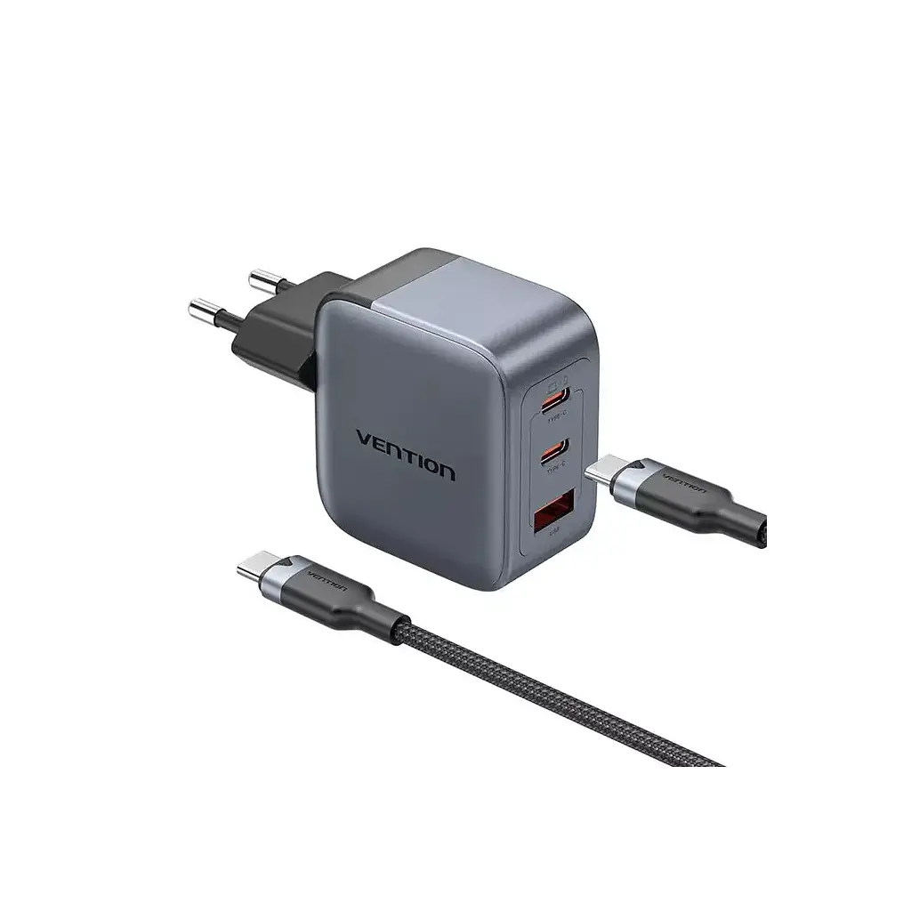 Зарядний пристрій Vention 2xUSB-C PD 70 Вт + 1xUSB QC 3.0 22.5 Вт GaN + кабель USB-C — USB-C 1.0 м чорно-сірий (TZ-FEXH0-EU) - фото 3