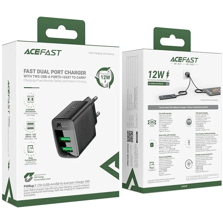Зарядний пристрій 2xUSB 12W (2xUSB-A) A86 Чорний Acefast - фото 6