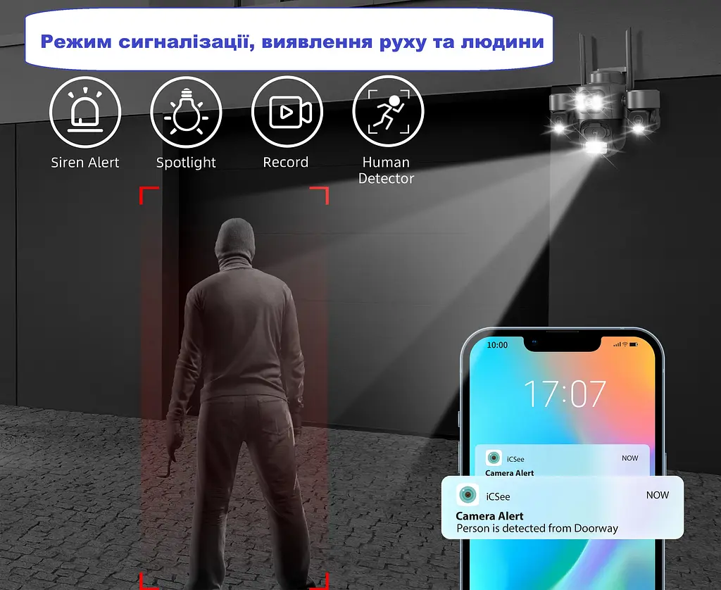 Вулична WiFi IPкамера Besder F1  15Мп  чорна 3 незалежних об'єктиви поворотні додаток ICSEE - фото 3