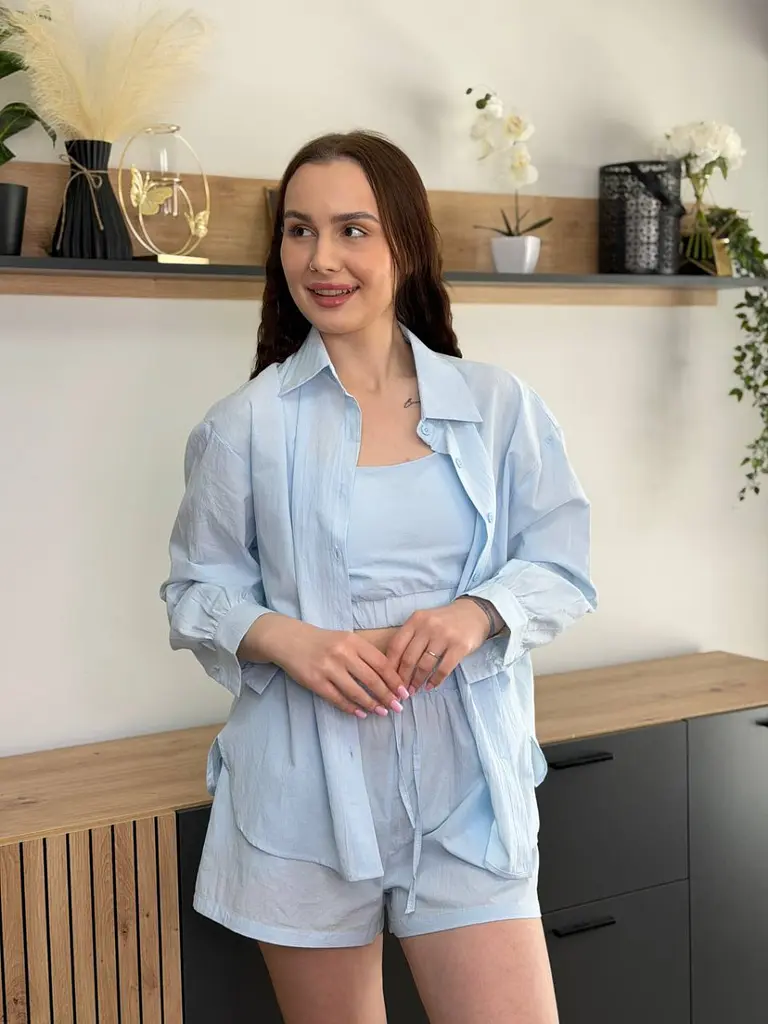 Костюм жіночий літній трійка сорочка з майкою та шорти Fashion 6931 20580 блакитний - фото 3