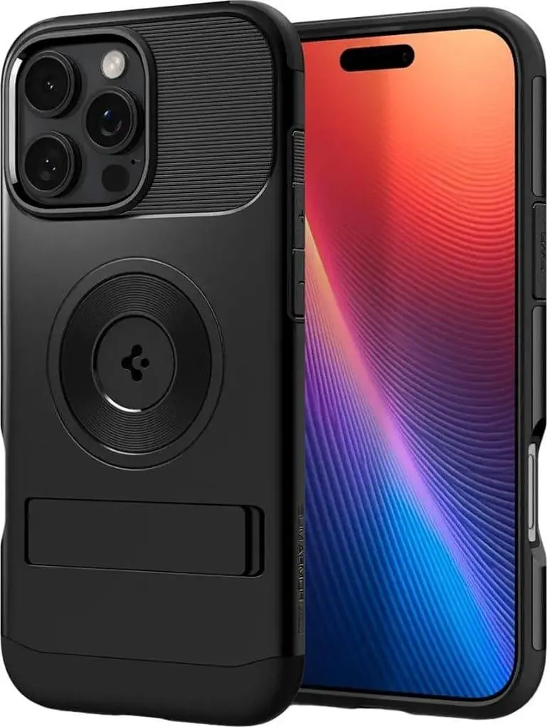 Оригінальний протиударний чохол для iPhone 16 Pro Spigen Slim Armor MagSafe Black ACS08164 (MagFit) з підставкою - фото 9