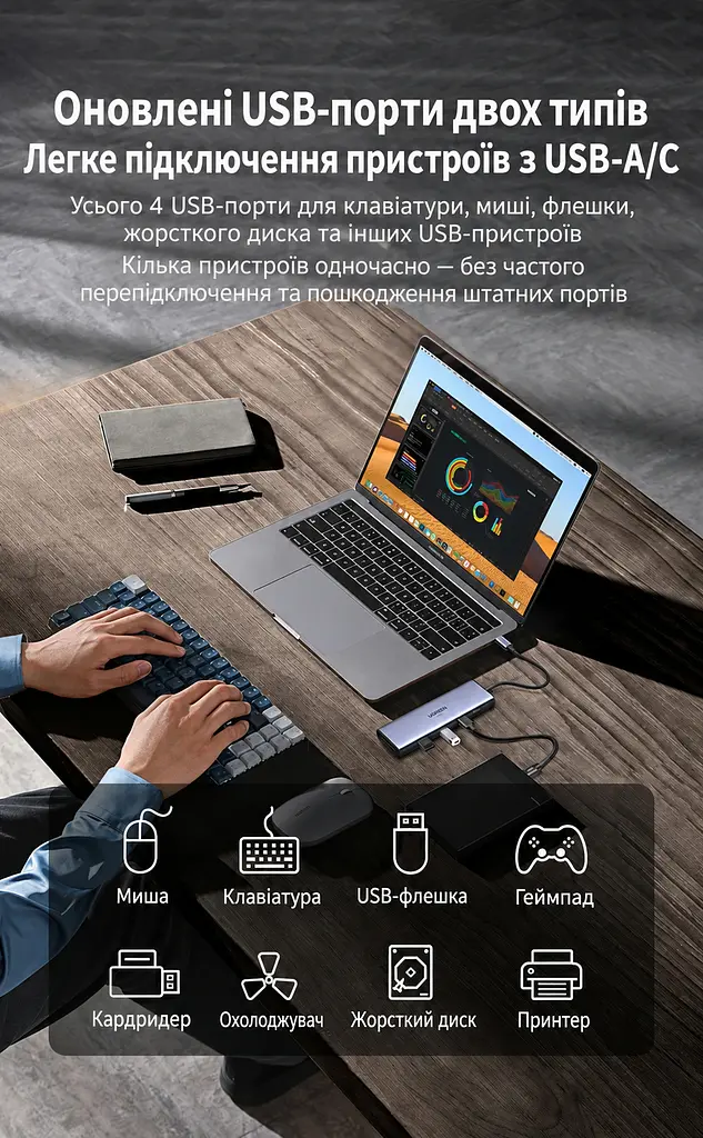 Док-станція USB-C UGREEN CM498 хаб 2 USB-A та 2 USB-C для даних до 5 Гбіт/с HDMI до 4K 60 Гц з режимами 2K 120 Гц та 1080p 144 Гц для HDMI потрібен відеовихід USB-C пристрою RJ45 Ethernet до 1000 Мбіт/с кардридер SD/microSD вхід живлення USB-C PD 3.0 до 100 Вт із заряджанням ноутбука до 85 Вт одночасне читання двох карт для Windows/macOS/Linux вбудований кабель 0,2 м темно-сірий (15375) - фото 10