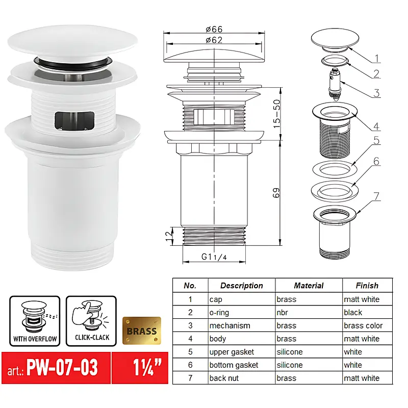 Донний клапан для раковини Koer PW-07-03 з переливом автоматичний Click-Clack 1 1/4″ Білий KR5783 - фото 6