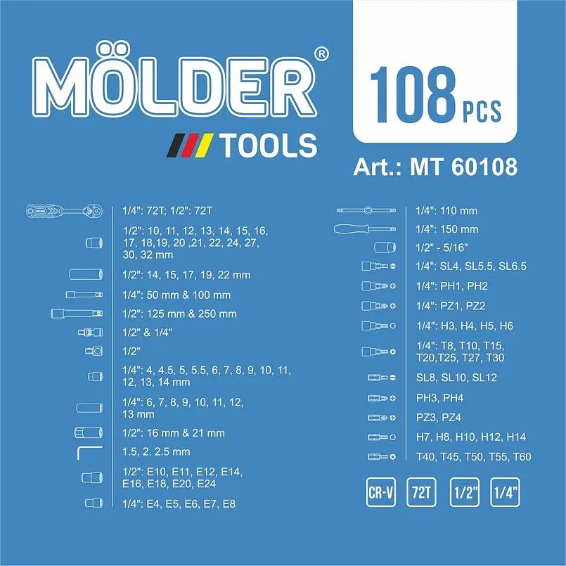 Набір інструментів для авто та дому професійний в кейсі MOLDER 108 предмета 1\2 та 1\4 Оригінал (MT60108) - фото 9