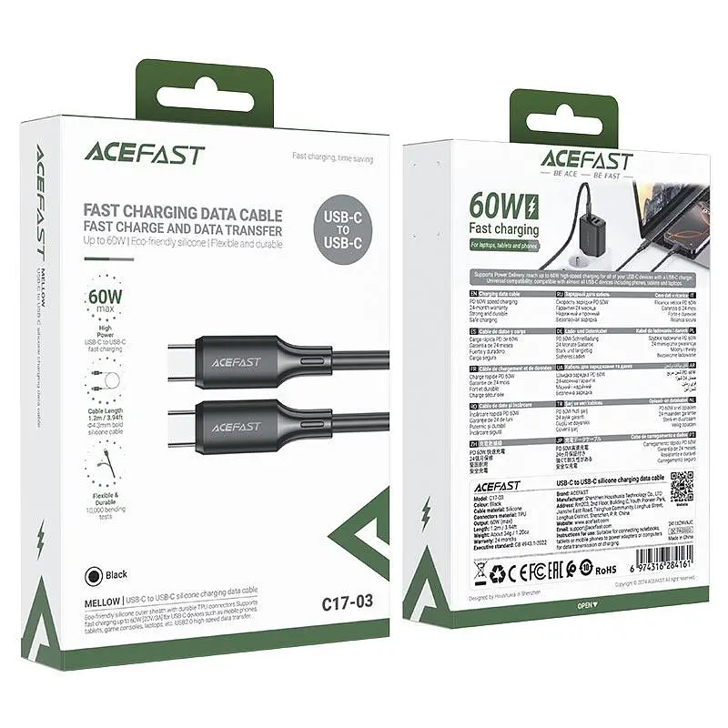 Кабель Acefast C17-03 USB-C to USB-C силиконовый зарядный кабель для передачи данных черный - фото 2