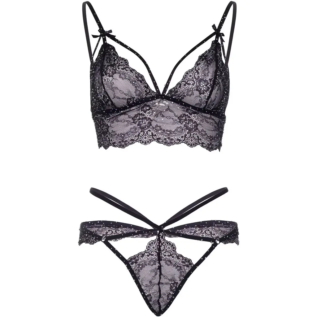 Эротический комплект со стрепами и стразами Leg Avenue Ready Or Not M Black, бра + стринги - фото 5