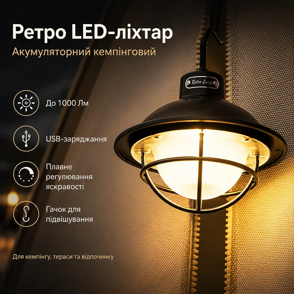Кемпінговий ретро LED ліхтар SSP-10 акумуляторний з USB-зарядкою, димуванням до 1000Lm - фото 2