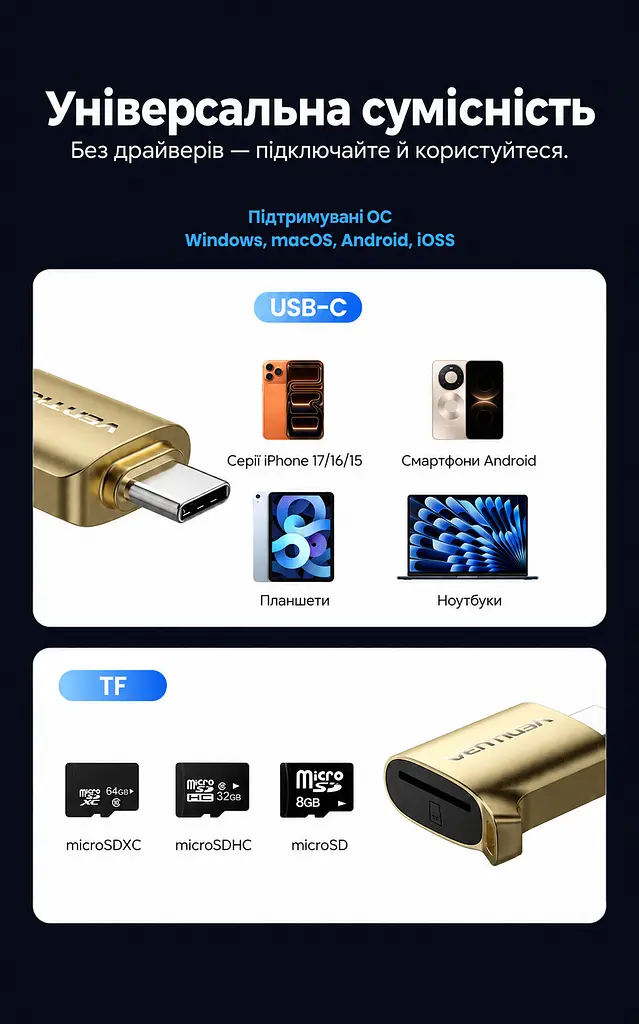 Кардридер Vention USB-C для карт microSD/TF USB 3.0 підтримка карт до 2 ТБ для смартфонів із USB-C та OTG без встановлення драйверів металевий корпус золотий (CLNJ0) - фото 3