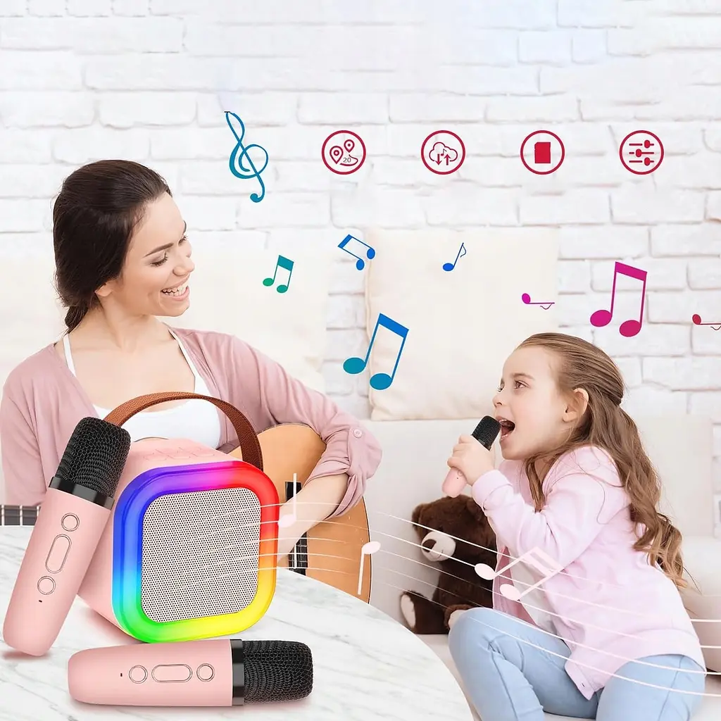 Колонка караоке та 2 мікрофони зі зміною голосу Bluetooth колонка з RGB підсвічуванням UKC K2 рожева - фото 5