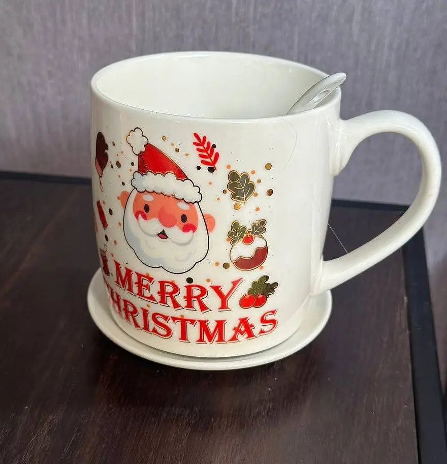 Чашка новогодняя Elisey 9150-005-1 Merry Christmas керамическая с ложкой и блюдцем 350 мл Белая - фото 4