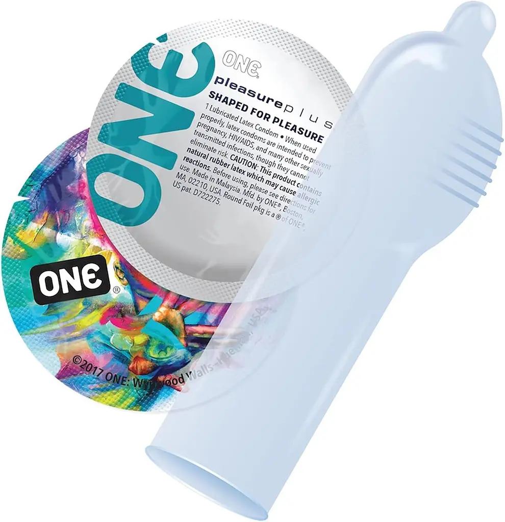 Набір презервативів ONE Pleasure Plus, 100 шт, з ребристою ділянкою на кінці, паковання-тубус - фото 3