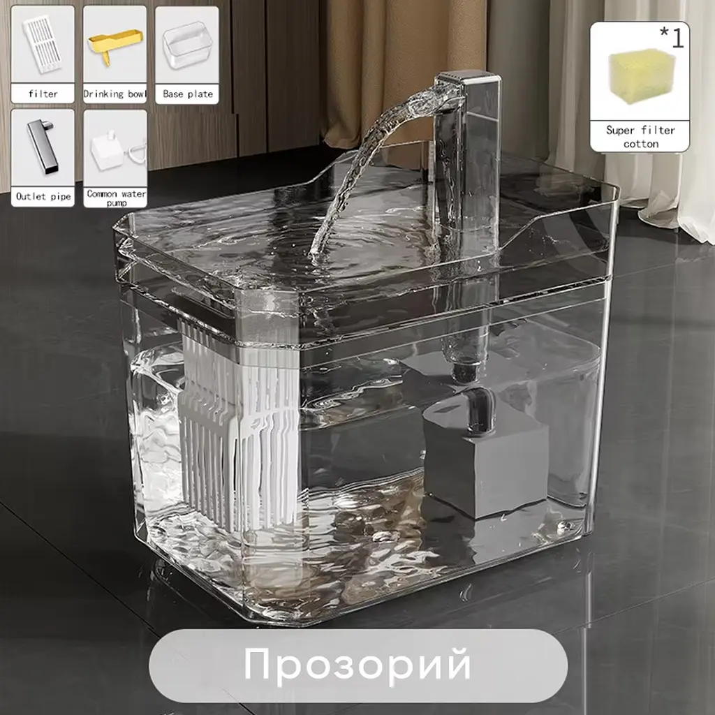 Фонтан для кота Hipidog Mod.2 1,5 л з фільтром, Прозорий - фото 7