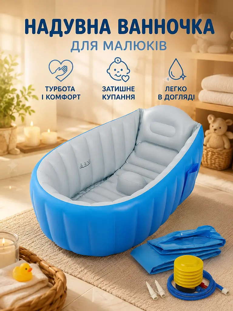 Надувна ванна для купання дитини 98×65×28 см із м’яким дном, підголівником і насосом, блакитна (49676320) - фото 9