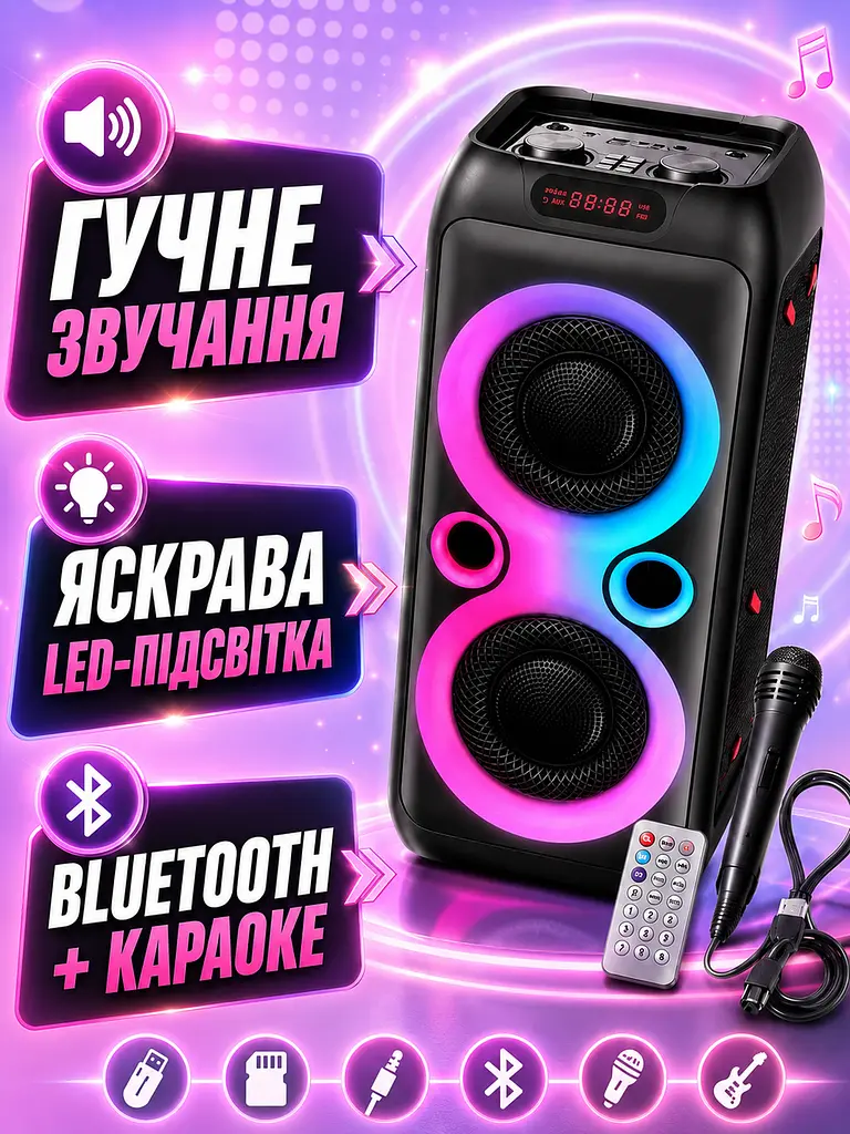 Bluetooth колонка з мікрофоном 2 динаміки 8.5" LED-підсвітка чорна (49675979) - фото 9