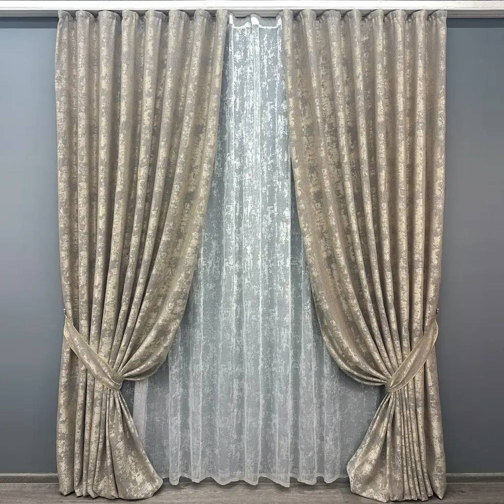 Комплект штор с тюлем VR-Textil Жаккард Мрамор, кофейно-серый с белым, 2 шторы 150×270 см + тюль 400×270 см, арт. 71-117/3