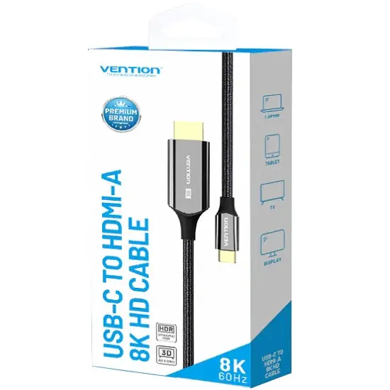 Кабель USB 3.1 Type-C M - HDMI M, 1.8m V2.0 8K 60 Гц Zinc Alloy TPE Чорний Vention - фото 3