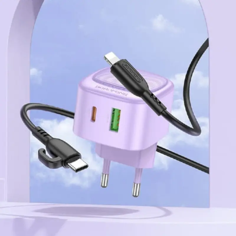МЗП Borofone BAS22A Fortune PD20W+QC3.0 (1USB-A/1C) + кабель Type-C to Lightning Purple - фото 3