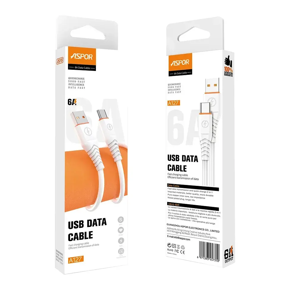Кабель Aspor A127 Quick Charge USB – Type-C (6A/1м)- білий - фото 3