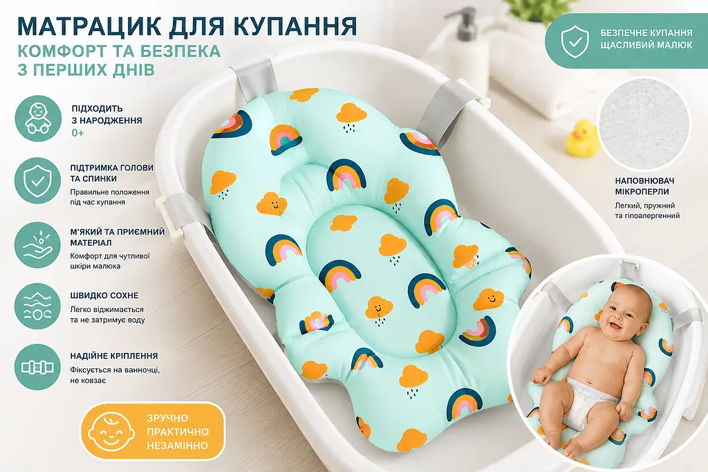Матрацик для купання новонародженого 0+ м'яка анатомічна гірка-підтримка для немовляти у ванночці - фото 2
