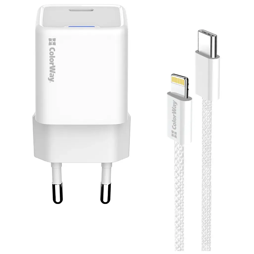 Зарядний пристрій ColorWay C101D GaN Mini 20W PD PPS USB-C + cable USB-C to Lightning white (CW-CHS059PDL-WT) - фото 3