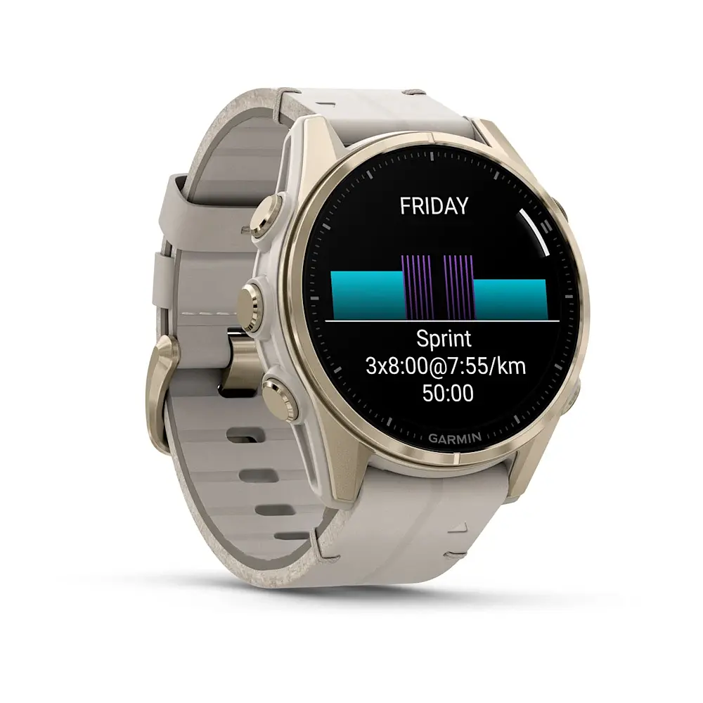 Смарт-годинник Garmin Fenix 8 43 мм AMOLED Сапфір Туманно-сірий/М'яке золото з шкіряним ремінцем QuickFit 20 мм - фото 2