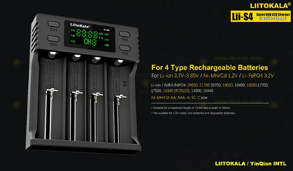 Зарядний пристрій Liitokala Lii-S4, 4 канала, Ni-Mh/Li-ion/LiFePo4, USB, LCD, Box - фото 7