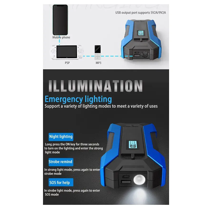Пускозарядное устройство (бустер) Voltronic A12 12V, powerbank Jump Starter пусковой ток 1000А - фото 6