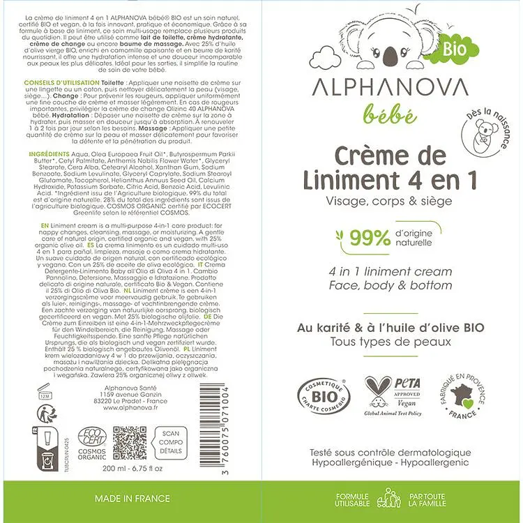 Крем-линимент под подгузник Alphanova bébé Bio 4 в 1 очистка, увлажнение, массаж органический 200 мл - фото 2