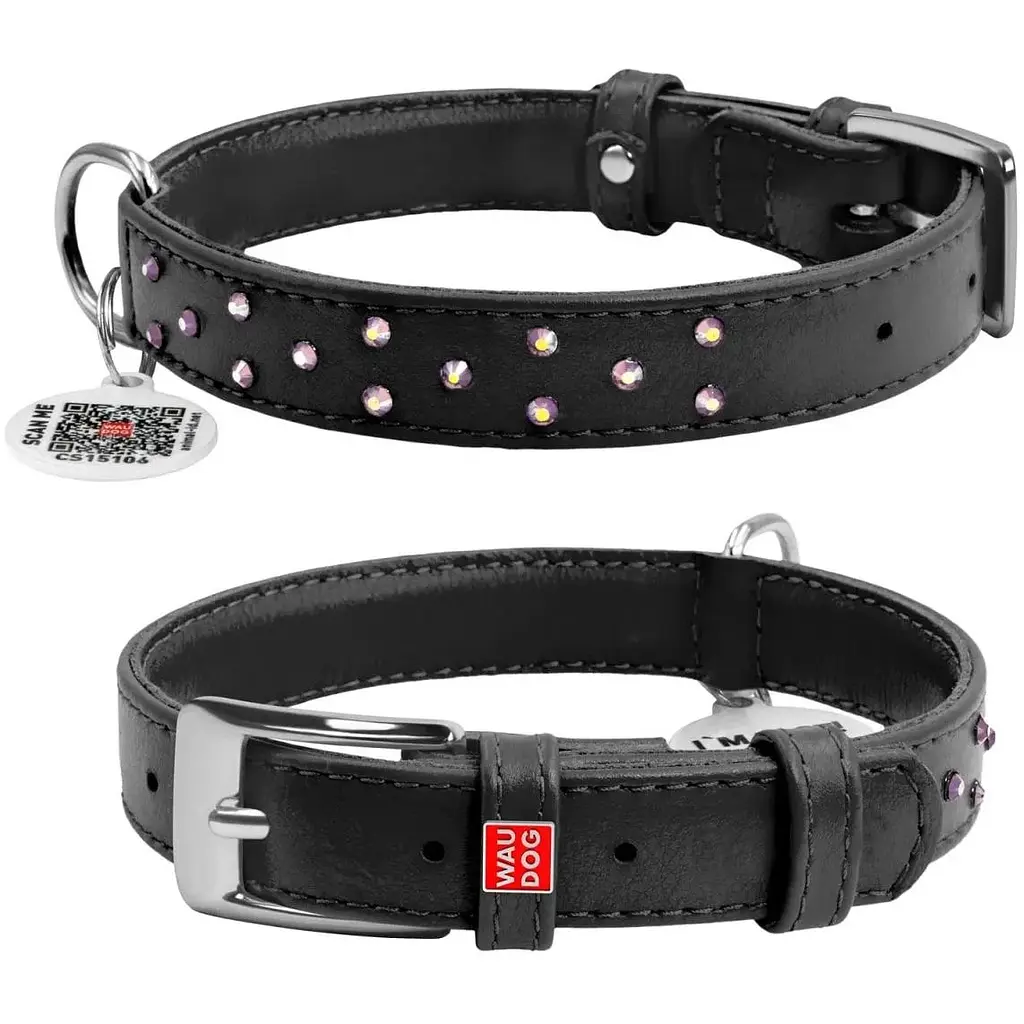 Ошейник для собак Waudog Glamour, кожаный, со стразами, с QR паспортом, L, 30-39х2 см, черный - фото 3