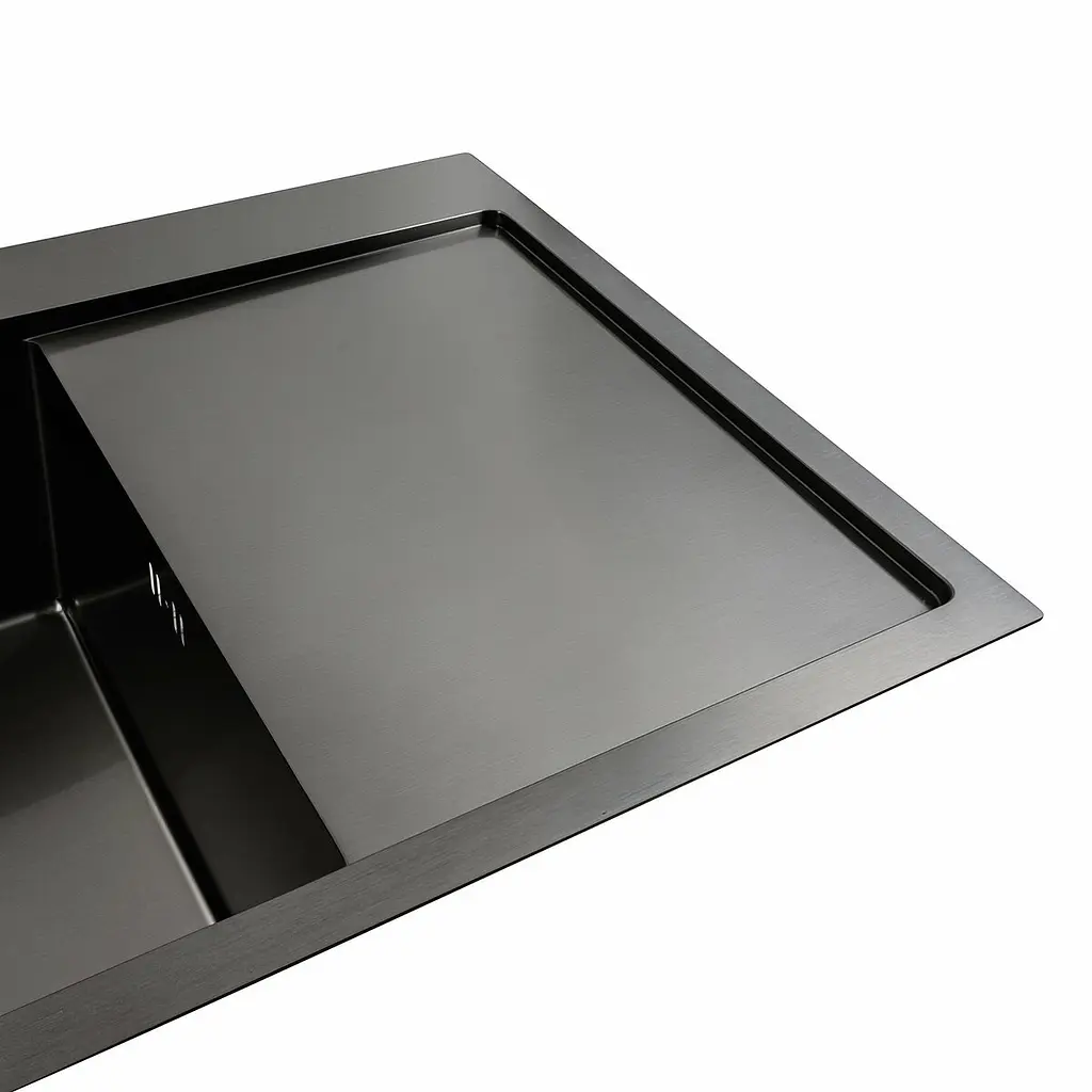 Кухонна мийка чорна PVD 78x48 L Platinum Handmade (два отвори, круглий сифон 3,0/0,8), Чорний - фото 4
