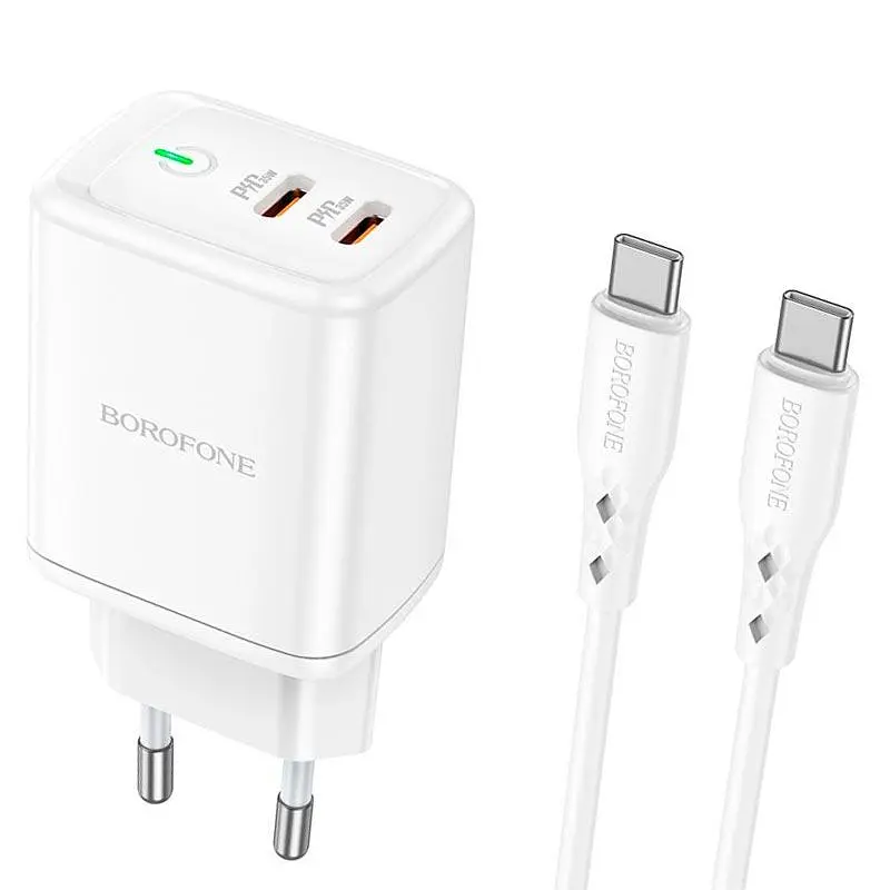 Адаптер мережевий BOROFONE Type-C to Type-C cable Reacher dual port set BN9 35вт білий - фото 4