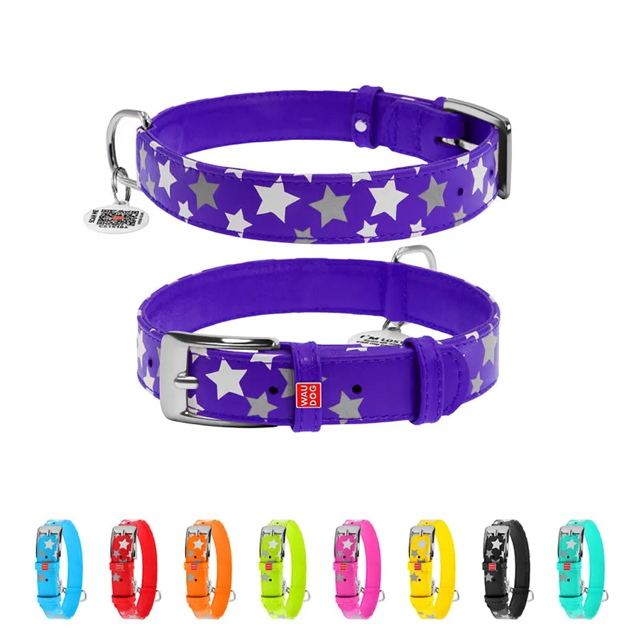 Ошейник для собак кожаный Waudog Glamour с QR-паспортом узор "Звездочка" светонакопительный/светоотражающий L Ш 25 мм, - фото 2