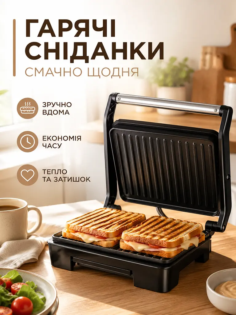 Притискний електрогриль 850 W з антипригарними пластинами та LED-індикатором чорний (49676055) - фото 8