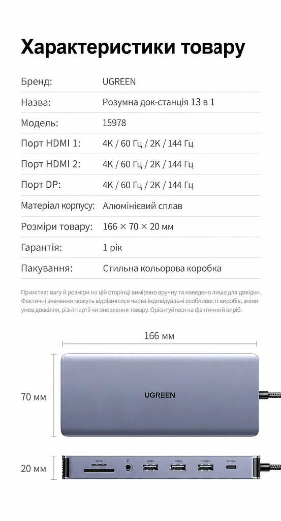Док-станція USB-C UGREEN CM681 13 в 1 2 HDMI та DisplayPort кожен до 4K 60 Гц або 2K 144 Гц потрібен USB-C з DisplayPort MST темно-сірий (15978) - фото 6
