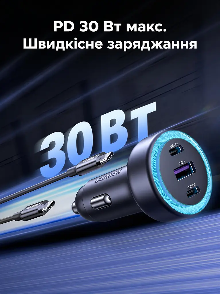 Автомобільний зарядний пристрій у гніздо прикурювача UGREEN EC307 2 виходи USB-C і 1 вихід USB-A Сумарна вихідна потужність до 30 Вт Space Gray (45843) - фото 2