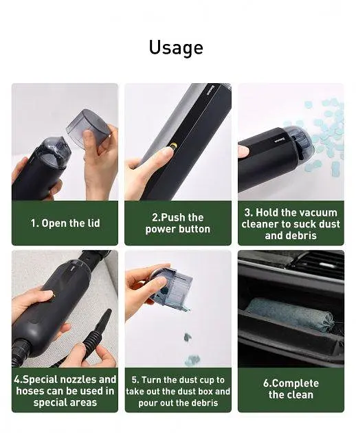 Автопылесос Baseus A2 / 75W /Сухая уборка / Аккумуляторный / 2 насадки / сумка / кабельType-C (CRXCQA2-01) - фото 7