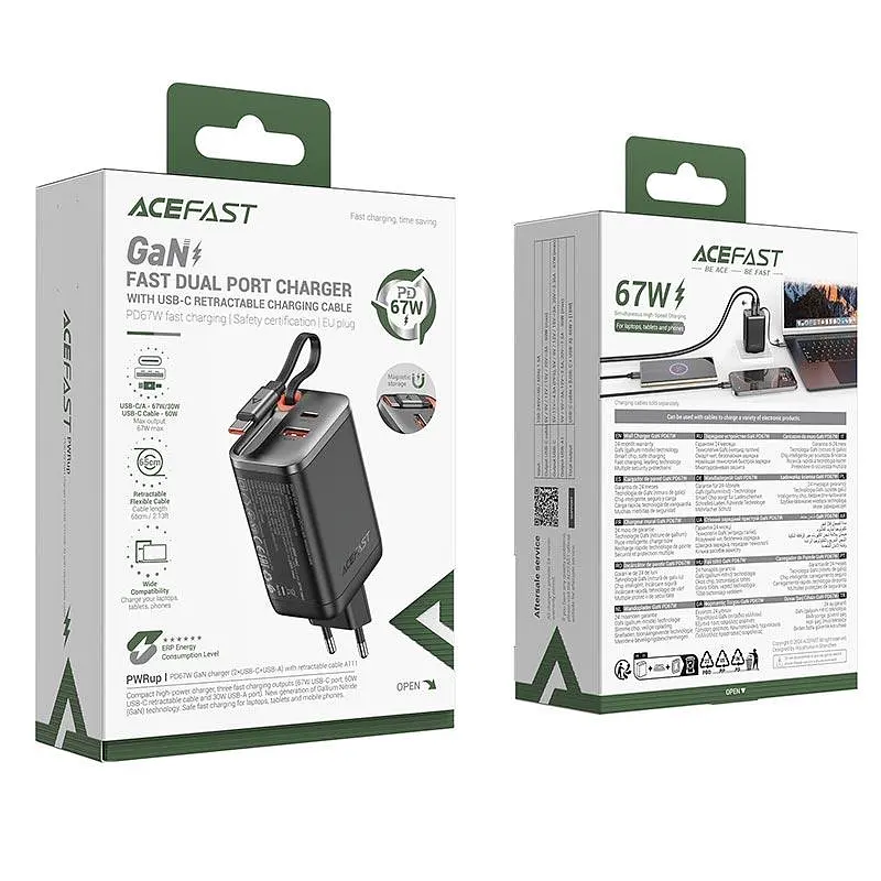 Адаптер мережевий ACEFAST PD GaN charger with retractable cable A111 2USB-C/1USB-A, 67W/4.5A - фото 2