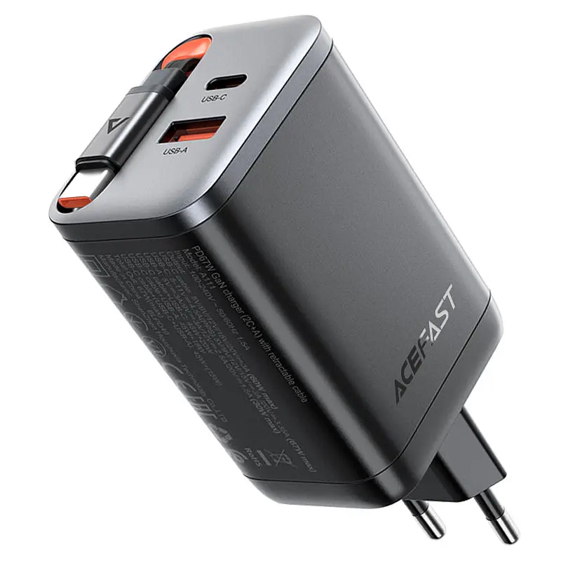 Мережевий зарядний пристрій з кабелем ACEFAST A111 PD67W GaN charger(2*USB-C+USB-A) with retractable cable Black (6974316284062) - фото 5