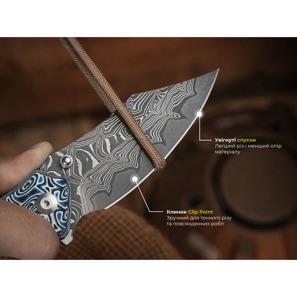 Ніж складаний туристичний Civivi Pentad (8.8 см) Damascus / Micarta синій/білий - фото 13