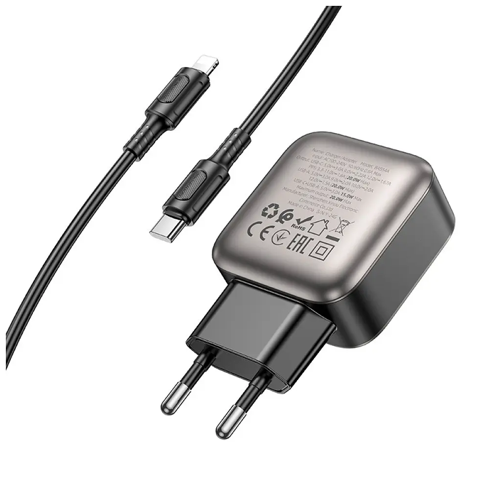 Зарядний пристрій BOROFONE BAS54A Absolute 1xUSB-C PD 20 Вт + 1xUSB QC 3.0 + кабель USB-C — Lightning чорний (6941991116216) - фото 7