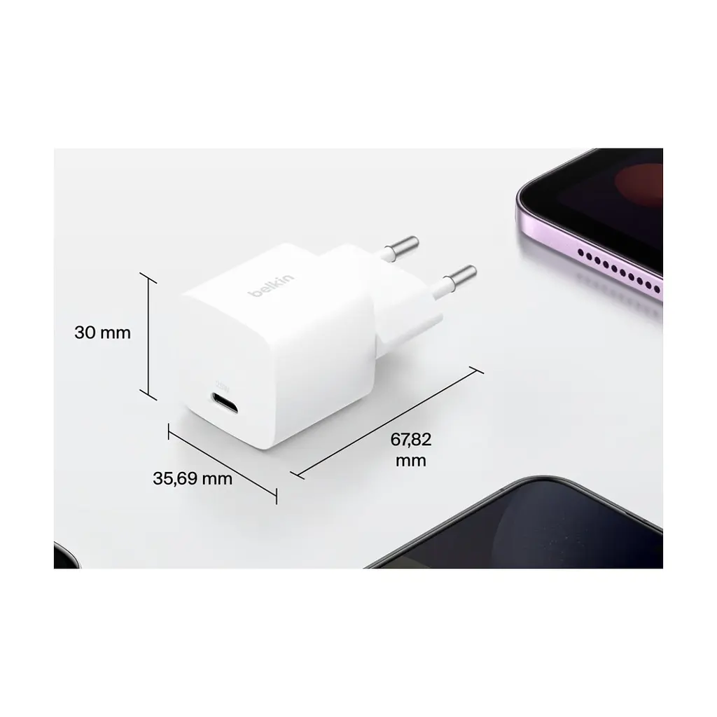 Зарядний пристрій Belkin USB-C PD25W PD3.1 + cable USB-C to USB-C 1.0m white (WCA012KQ1MWH-B6) - фото 4