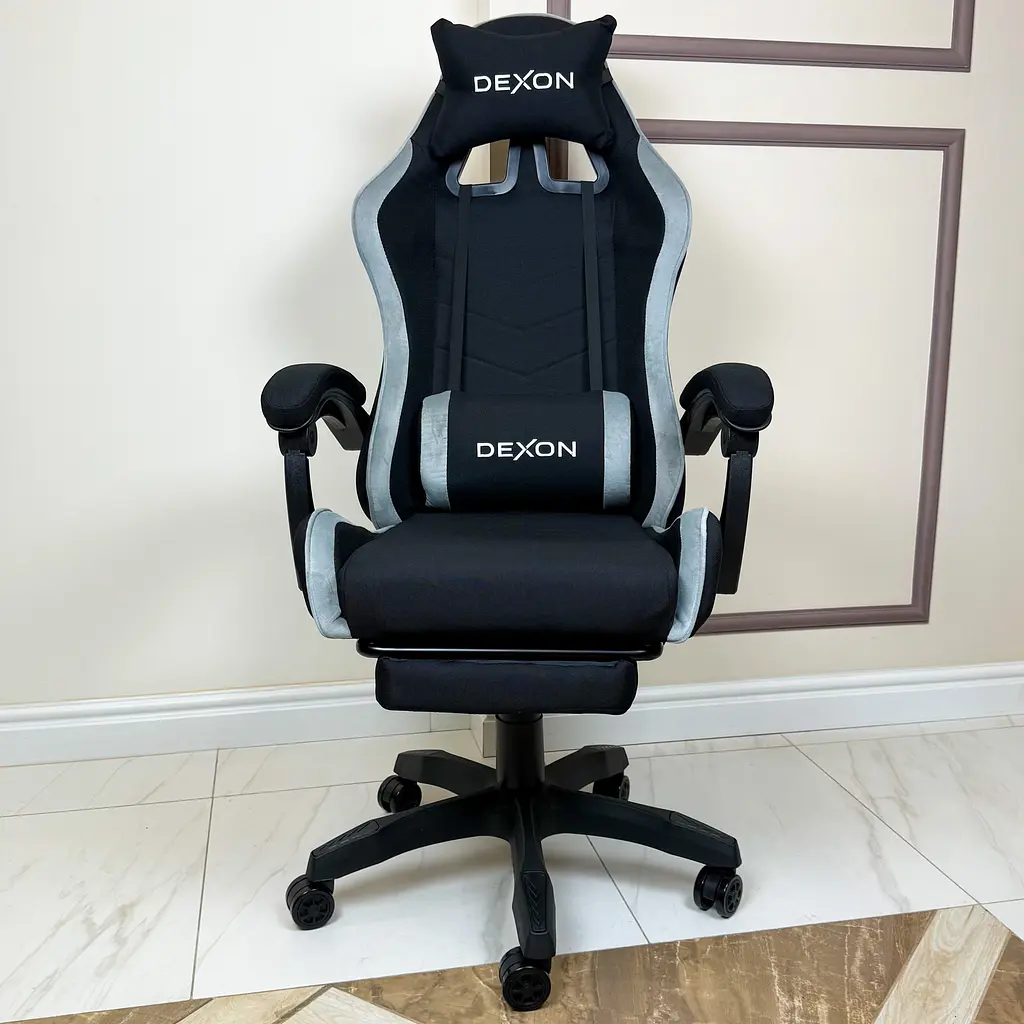 Геймерське крісло DEXON ONYX з підставкою для ніг, з тканини+велюрові вставки Cold Grey - фото 3