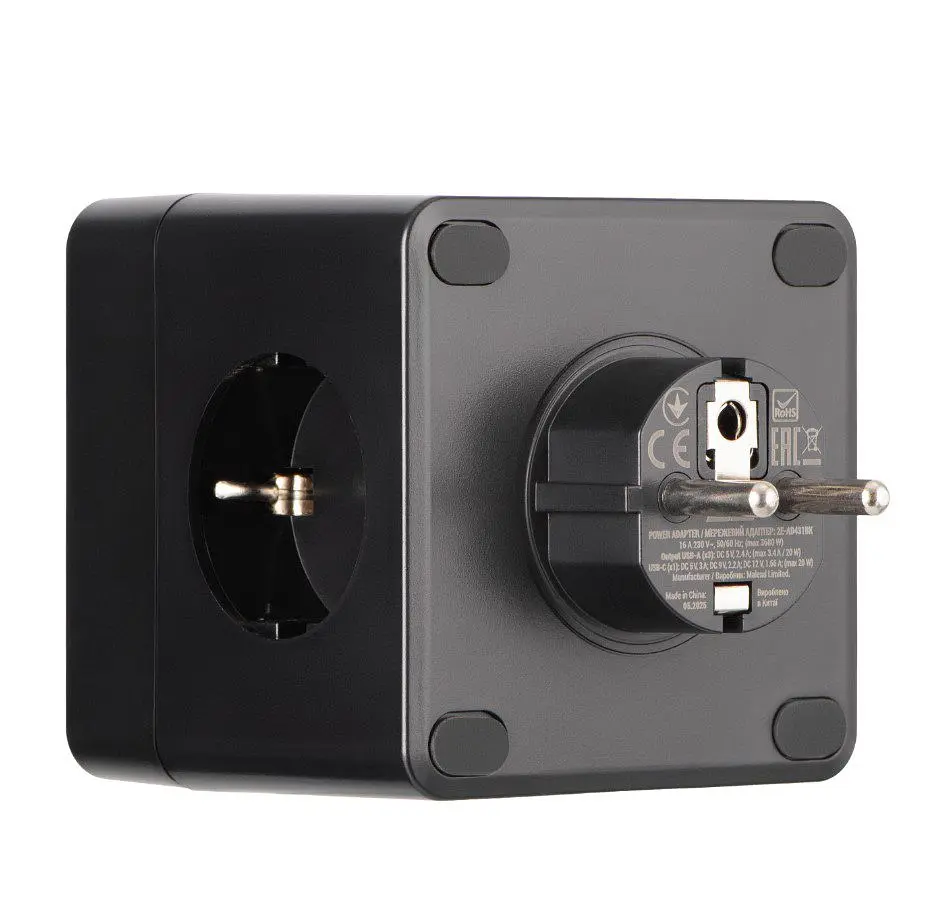 Сетевой фильтр-адаптер-тройник 2E AD431-BK 3xТипF, 16A, 2xUSB-A, 1x USB-C - фото 2