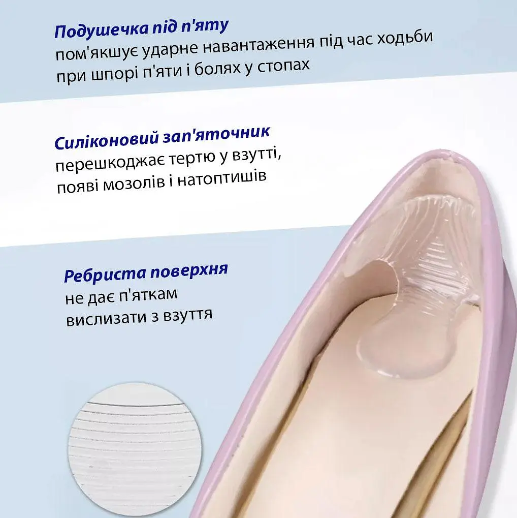 Силіконові вкладиші під п’ятку, прозорі, 2 шт, м’які задники для взуття, самоклейні - фото 3