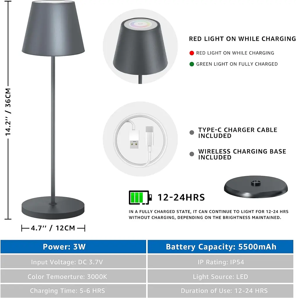 GGNOO Беспроводная настольная лампа Металлическая светодиодная настольная лампа с аккумулятором - фото 5